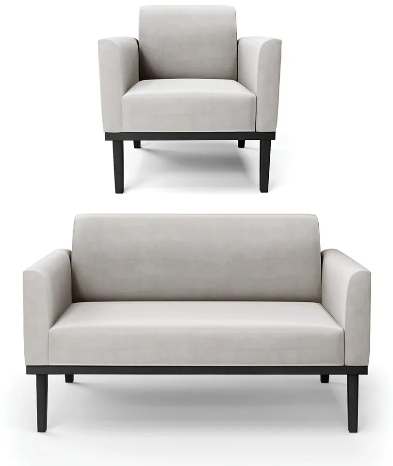 Conjunto Poltrona e Namoradeira Decorativa Isabella Pés Fixo em Madeira Preto Veludo Cinza G19 - Gran Belo