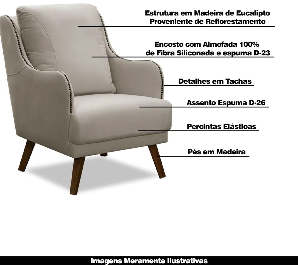 Poltrona Decorativa Catar com Tachas Veludo Bege Claro G33 - Gran Belo