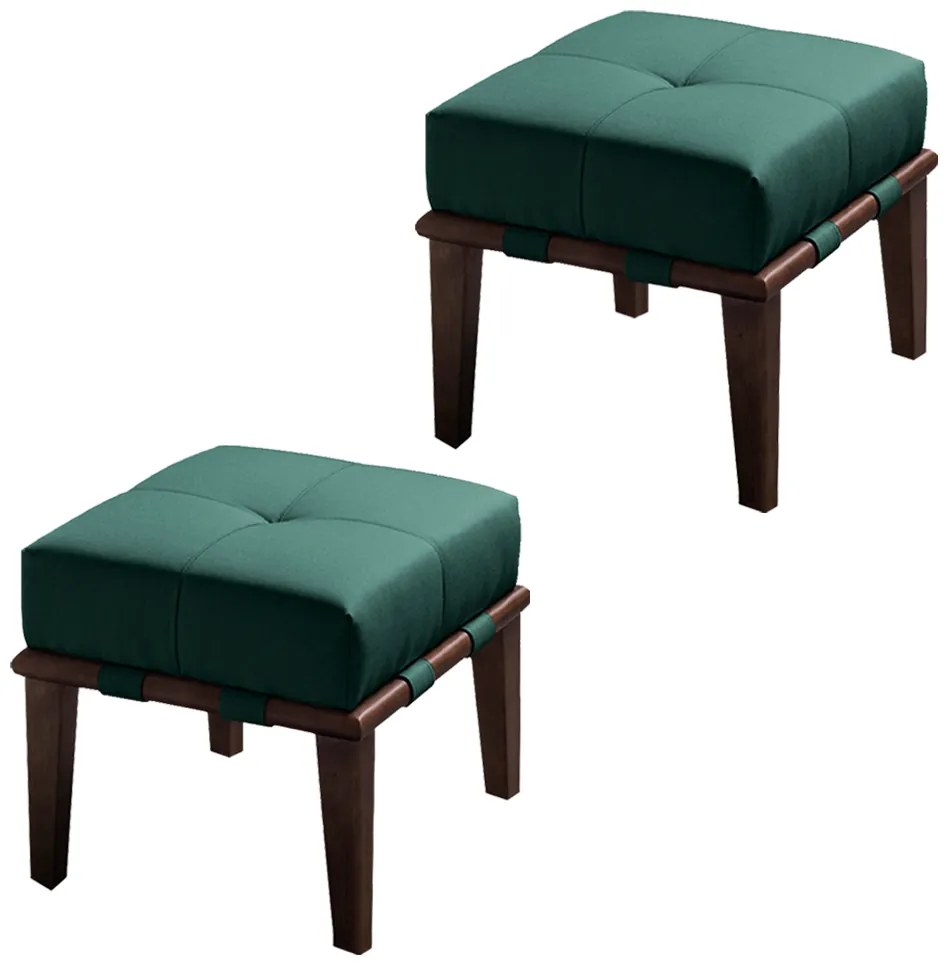 Kit 02 Puffs Decorativos 45cm Martínez Veludo Pés Madeira Verde/Imbúia G62 - Gran Belo