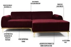 Sofá 245cm 4 Lugares com Chaise Direito Pés Gold Molino C-278 Veludo M
