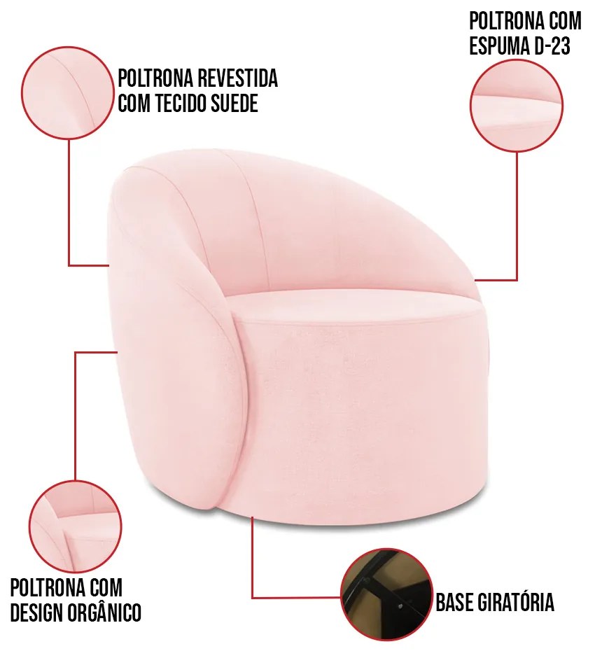 Sofá 3 Lugares Orgânico 180cm Morgan e 2 Poltronas Lua Suede Rosa Bebê D03 - D'Rossi