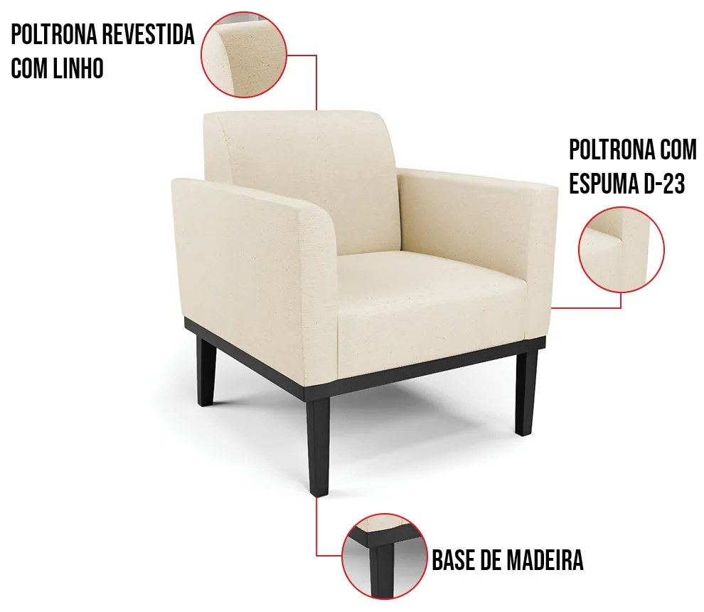 Kit 2 Poltronas Base de Madeira Fixa Preto Marisa Linho Bege A19 D03 - D'Rossi
