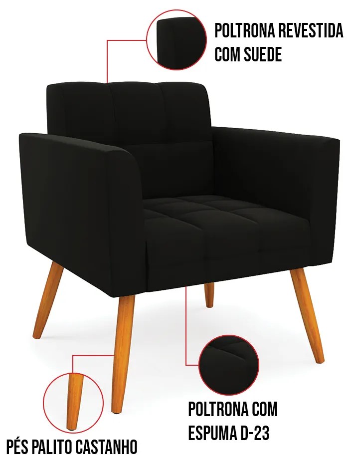 Kit 1 Sofá Namoradeira e 2 Poltronas Elisa Suede Pés Palito Castanho D03 - D'Rossi - Preto