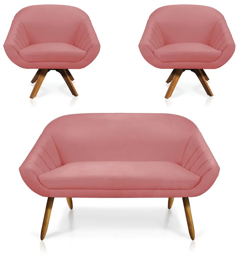 Kit 01 Namoradeira 02 Lugares e 02 Poltronas Giratória Giovana Suede Base Madeira MM30 - D'Rossi - Rose