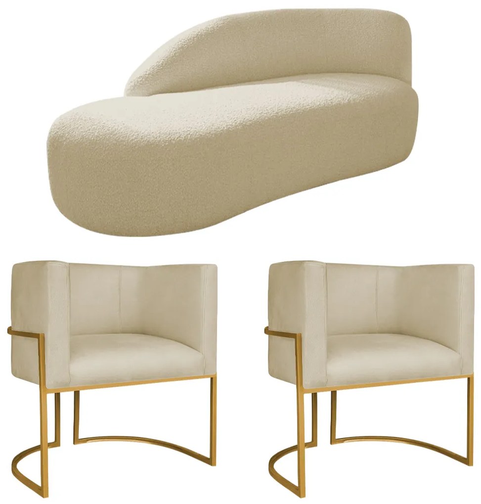 Kit Divã Luna 140cm Lado Esquerdo e 02 Poltronas Base de Ferro Dourado Suede