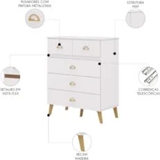Cômoda Para Quarto 91cm 5 Gavetas Gaby Flex Branco/Camarim V02 - Mpoze