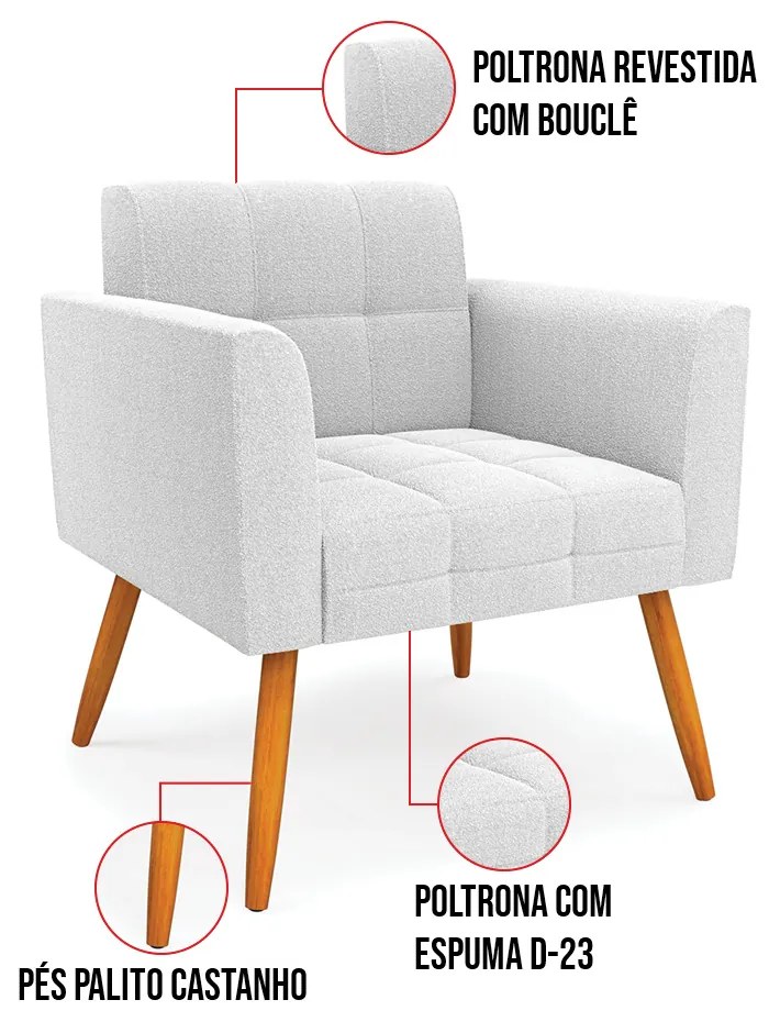 Namoradeira e 2 Poltronas Pé Palito Castanho Elisa Bouclê D03 - DRossi - Off White