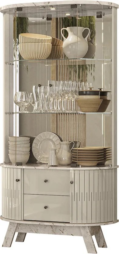 Cristaleira Decorativa Swank 2 Gavetas Iluminação Led Espelho MDP Calacata/OffWhite G97 - Gran Belo