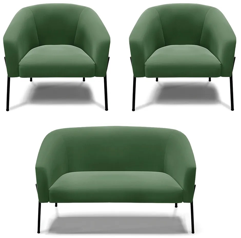 Namoradeira e 2 Poltronas Pé de Ferro Preto Stella Suede D03 - D'Rossi - Verde
