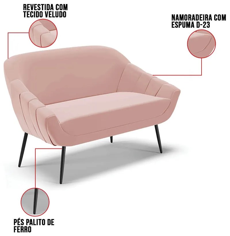 Kit 01 Namoradeira 02 Lugares e 02 Poltronas Giovana Veludo Pés Palito De Ferro D03 - D'Rossi - Rose