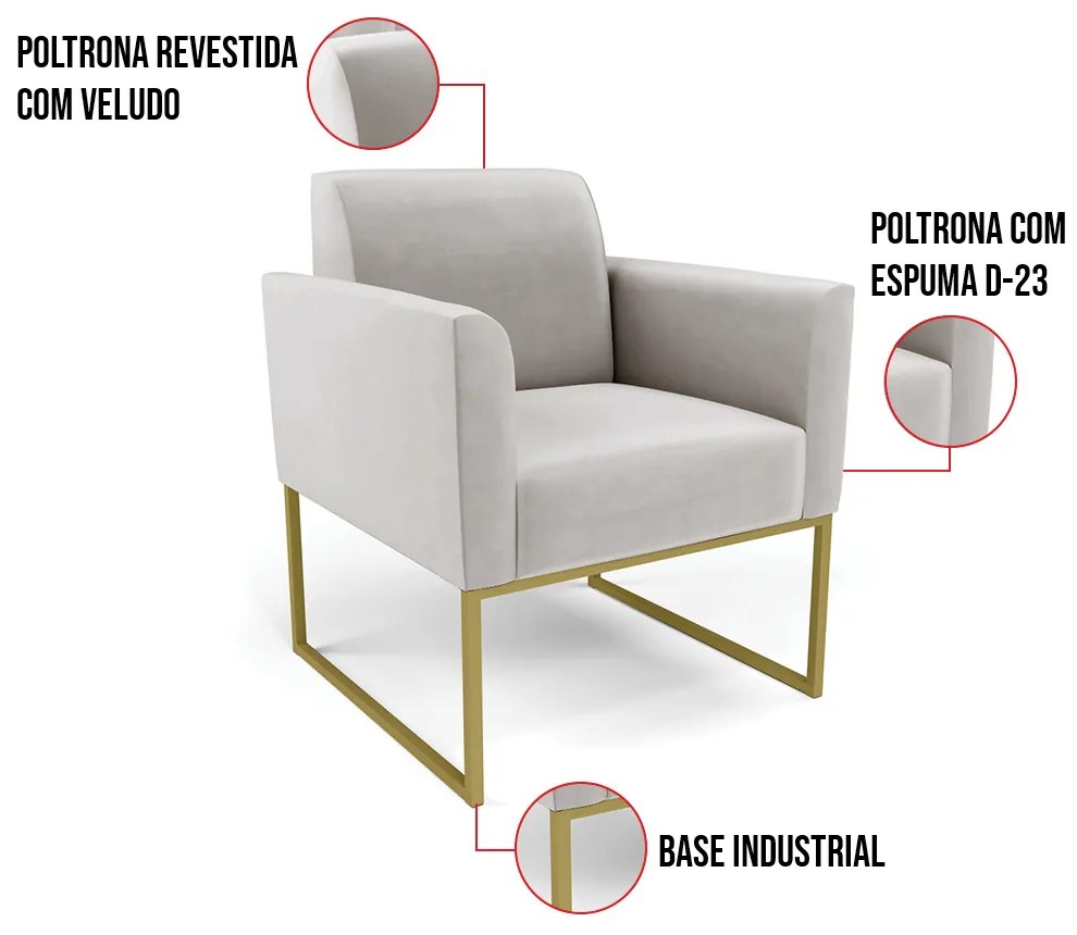 Poltrona Sala Decorativa Marisa Industrial Dourado Veludo D03 - D'Rossi - Cinza
