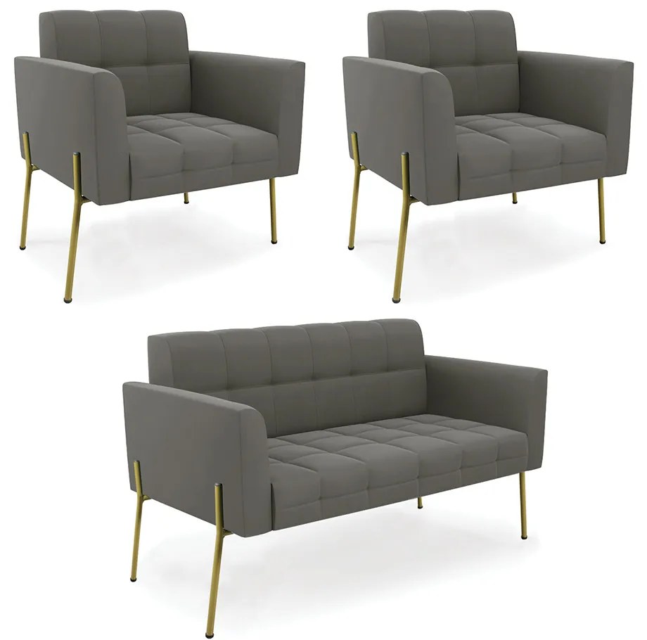 Sofá Namoradeira e 2 Poltronas Pé de Ferro Dourado Elisa Suede D03 - D'Rossi - Grafite