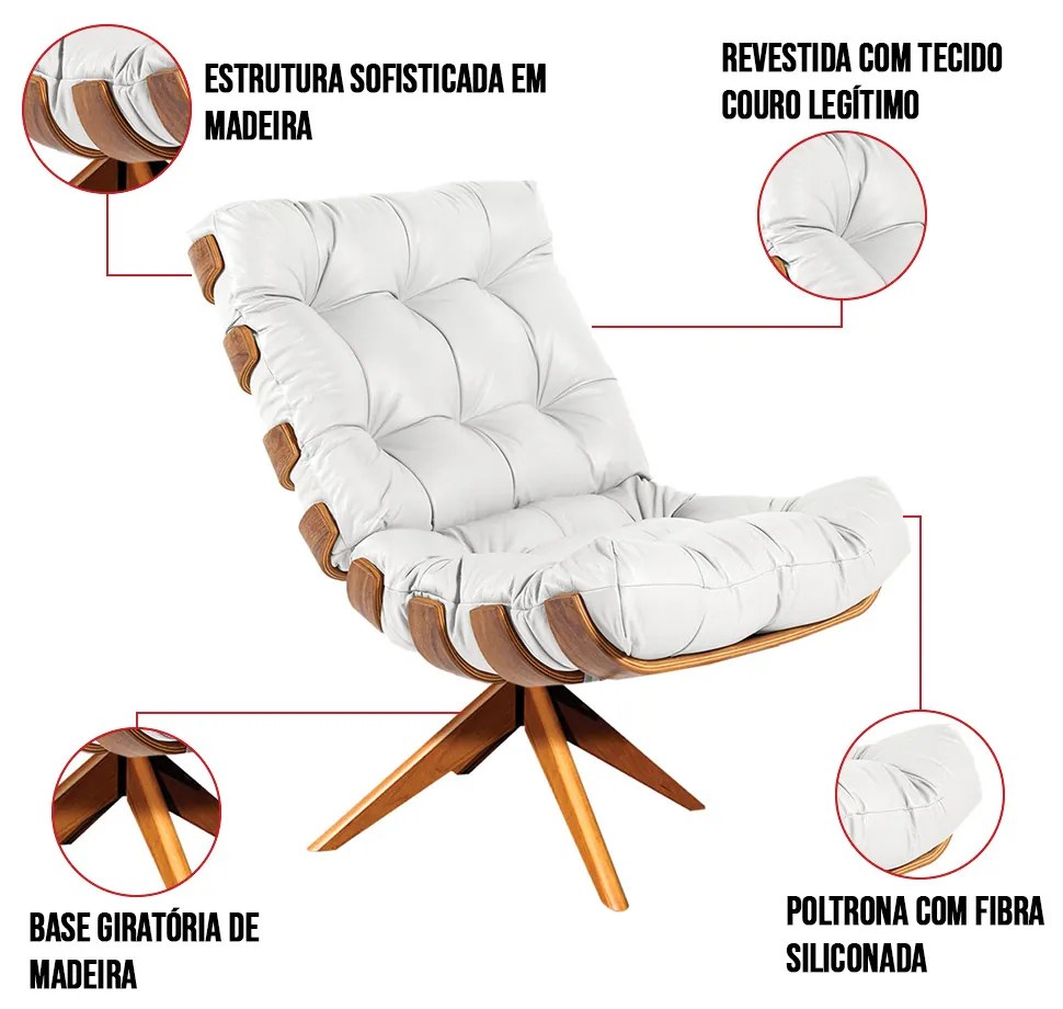 Poltrona com Puff Giratório Costela Couro Branco Base de Madeira MA30 M11 - D'Rossi