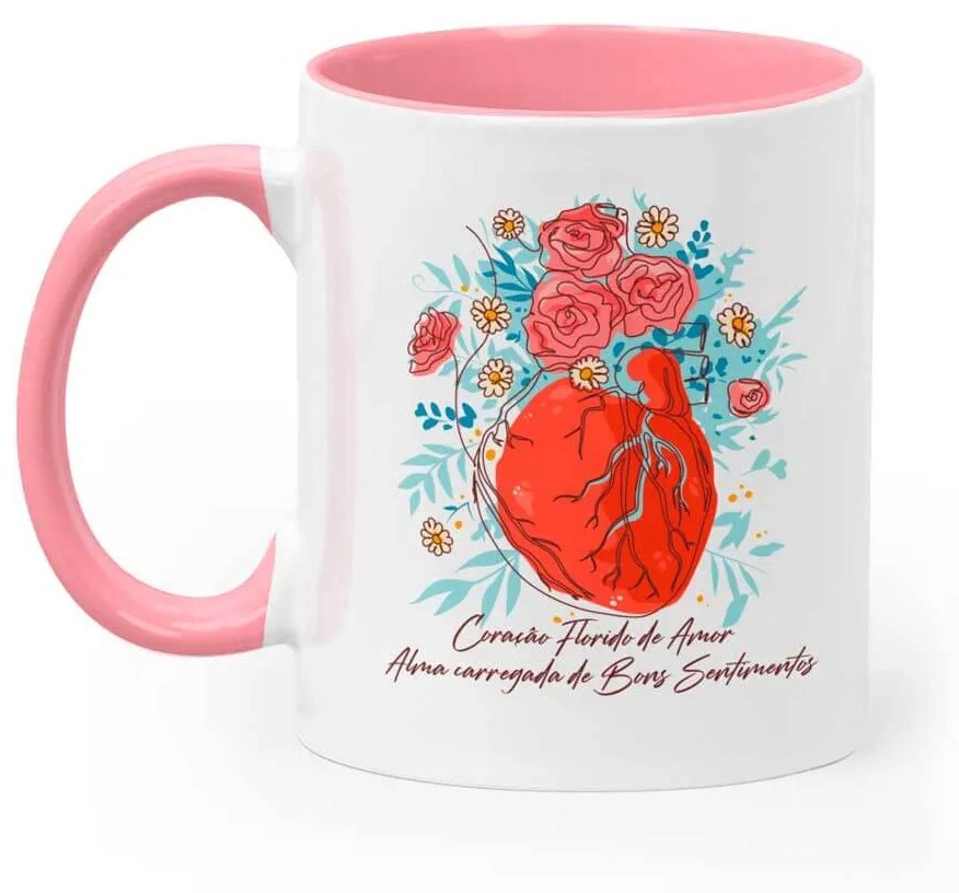 Caneca Branca Interior Rosa Coração Florido Do Amor