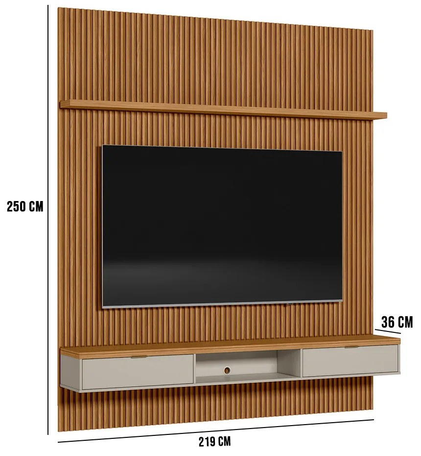 Painel para TV até 75 Polegadas Ripado Marisa com Nicho Bancada Nature e Off White 219x250 cm L04 - D'Rossi