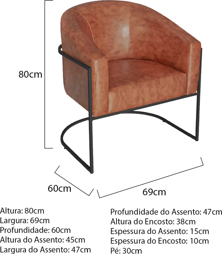 Poltrona Luiza Base de Ferro Preto Sintético Nozes - ADJ Decor