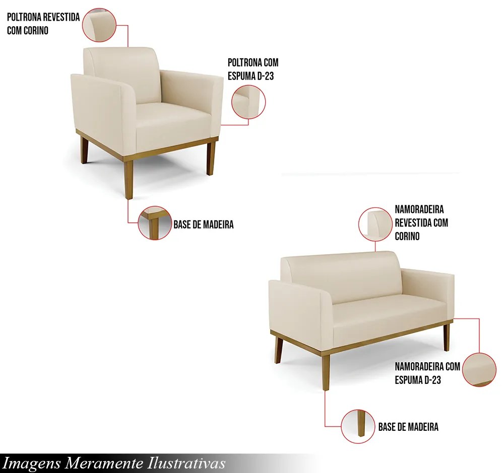 Conjunto 2 Poltronas e 1 Namoradeira Decorativa Isabella Pés Fixo em Madeira Castanho PU Bege G19 - Gran Belo