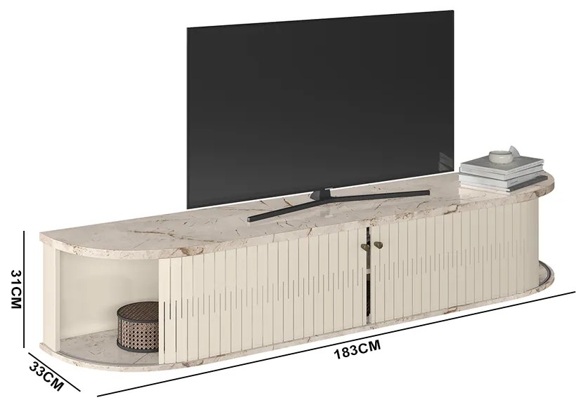 Rack TV 75 Pol 183cm Bancada Suspenso Ripado Aurenzo M20 - D'Rossi - Calacata e Off White