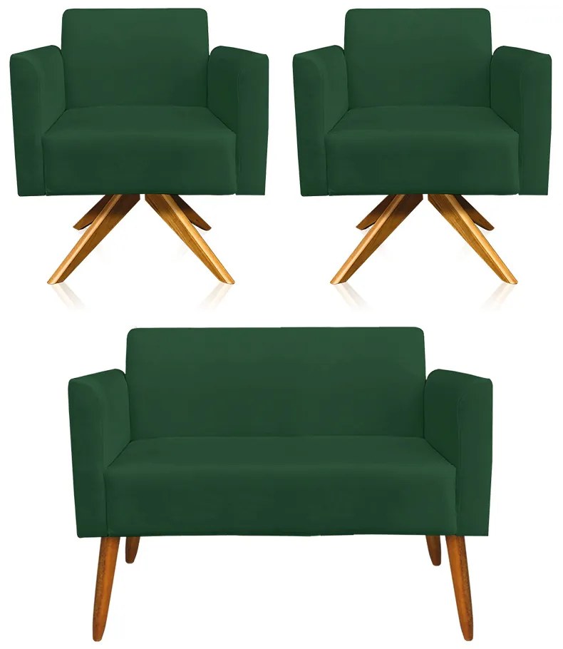 Kit 01 Namoradeira 02 Lugares e 02 Poltronas Marisa Suede Base Giratória Madeira MA30 D'Rossi - Verde