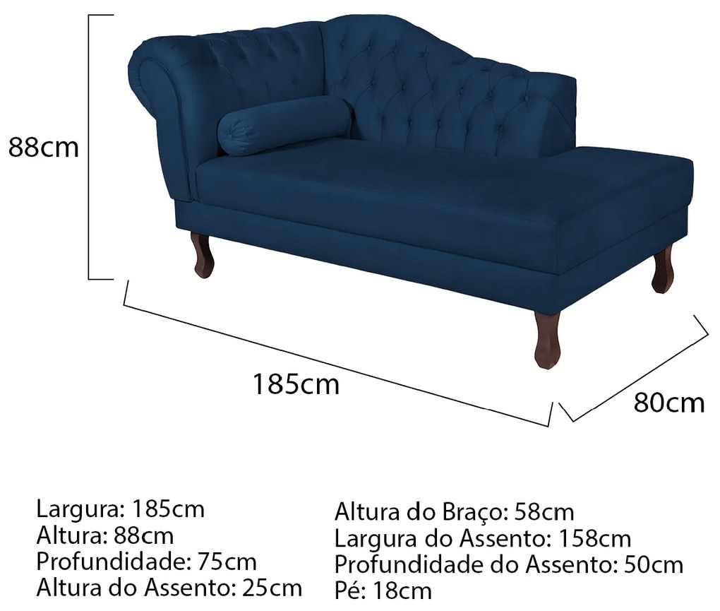 Recamier Diana 185cm Lado Direito Suede Azul Marinho - ADJ Decor