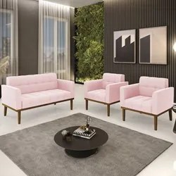 Sofá Namoradeira e 2 Poltronas Base Madeira Castanho Ana Suede Rosa Be