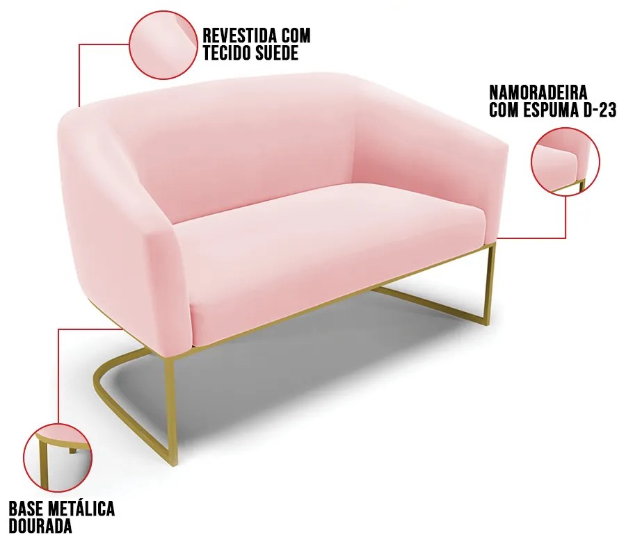 Sofá 2 Lugares Namoradeira Industrial Dourado Stella Suede D03 - D'Rossi - Rosa Bebê