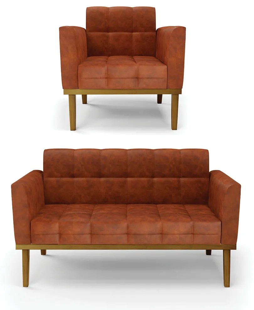 Conjunto Poltrona e Namoradeira Decorativas Karen Pés Fixo em Madeira Castanho Pu Nozes G19 - Gran Belo
