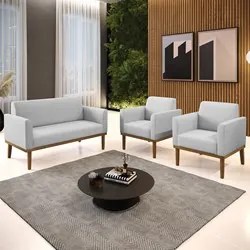 Sofá Namoradeira e 2 Poltronas Base Madeira Castanho Maressa Linho Cin