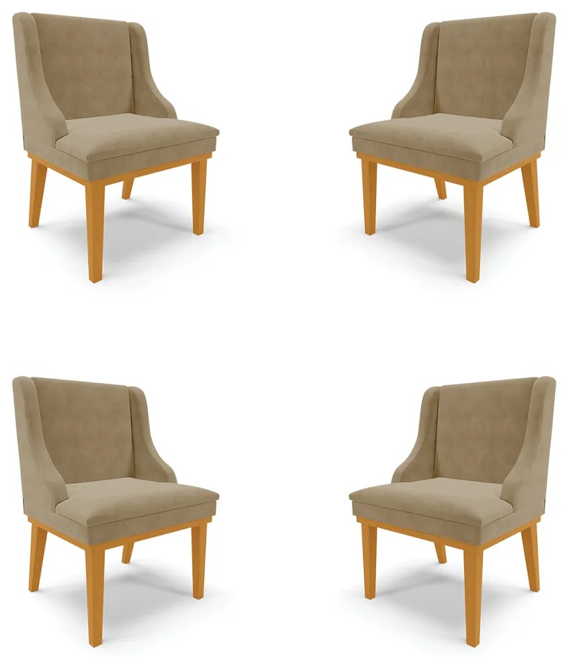 Kit 4 Cadeiras Decorativas Sala de Jantar Base Fixa de Madeira Firenze Suede Nude/Castanho G19 - Gran Belo