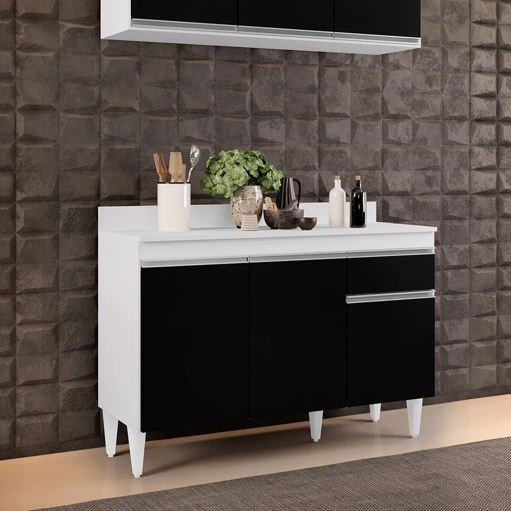 Balcão de Cozinha Lavanderia com Tampo 01 Gaveta Vick 120 cm L06 - D'Rossi - Branco e Preto