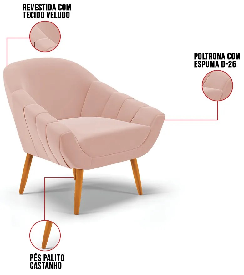 Kit 02 Poltronas Giovana Veludo Pés Palito Castanho D03 - D'Rossi - Rose