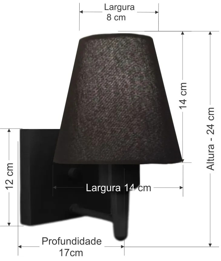 Arandela Quadrada Md-2034 Preto Cúpula em Tecido Cone Preta - Bivolt