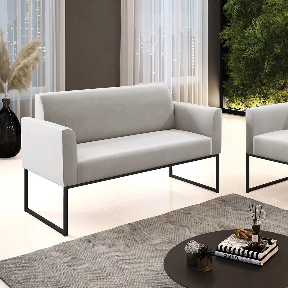 Sofá Namoradeira Base Industrial Preto Marisa Veludo D03 - D'Rossi - Cinza