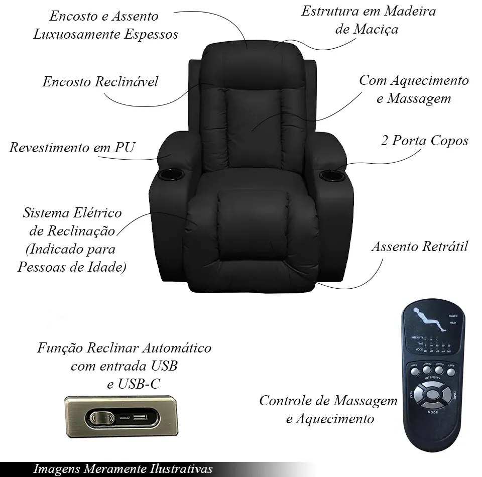Poltrona do Papai Austin com Reclinação Elétrica Massagem Aquecimento PU Preta G31 - Gran Belo