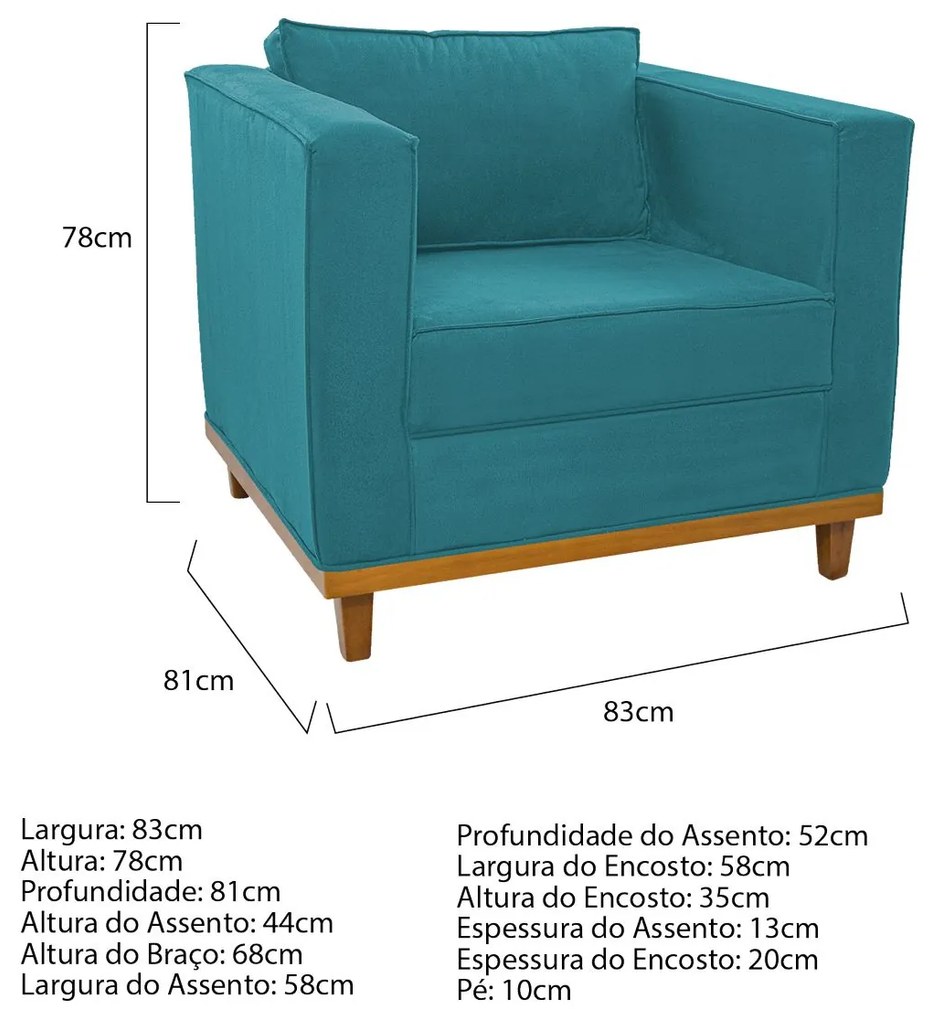 Kit Sofá 2 Lugares e Poltrona Europa Suede Azul Turquesa ADJ Decor
