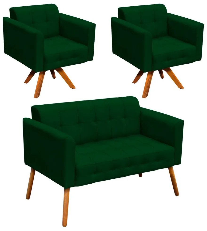 Kit 01 Namoradeira e 02 Poltronas Giratória Elisa Suede Base Madeira MM30 D'Rossi - Verde