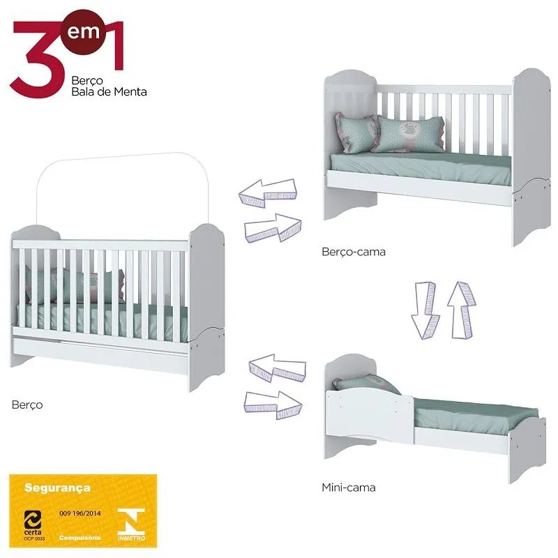 Berço Vira Mini Cama Bala De Menta Henn Branco 3 Em 1