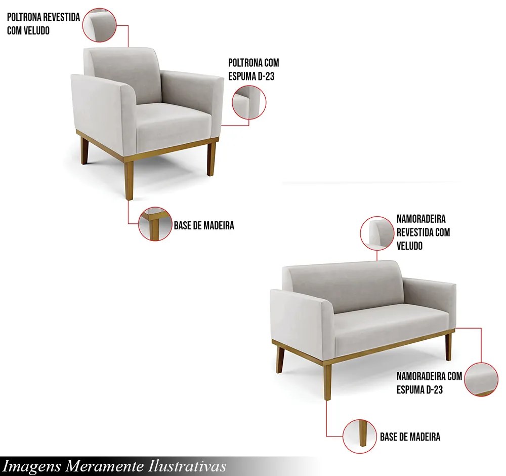Conjunto Poltrona e Namoradeira Decorativa Isabella Pés Fixo em Madeira Castanho Veludo Cinza G19 - Gran Belo