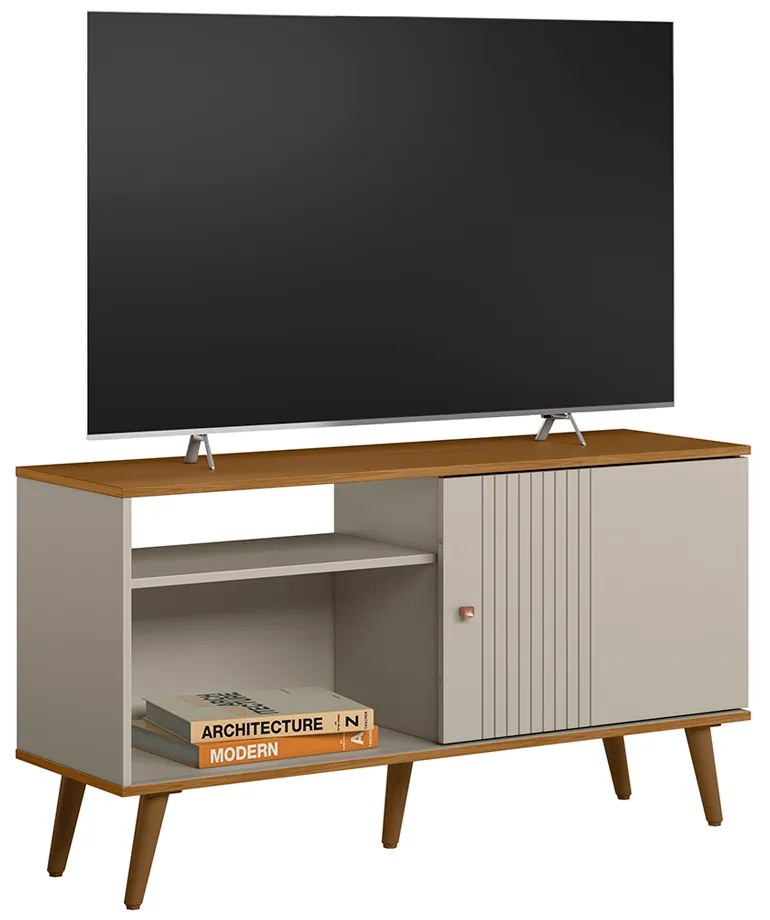 Rack Bancada Ruan MDP/MDF TV até 50 Polegadas Porta e Nichos Nature/Off White G77 - Gran Belo