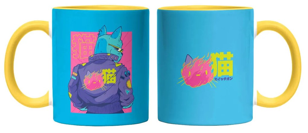 Caneca Cyberpunk Cat Nerd Azul com Alça Amarela
