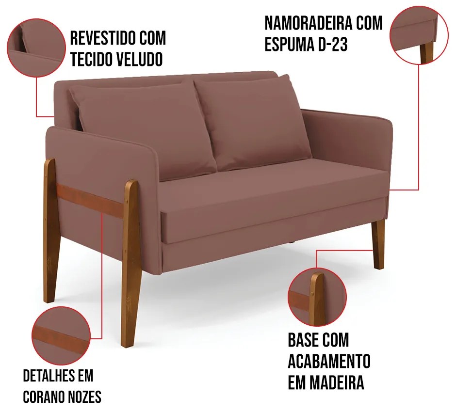 Sofá Namoradeira Lana Veludo Base de Madeira D03 - D'Rossi - Rose