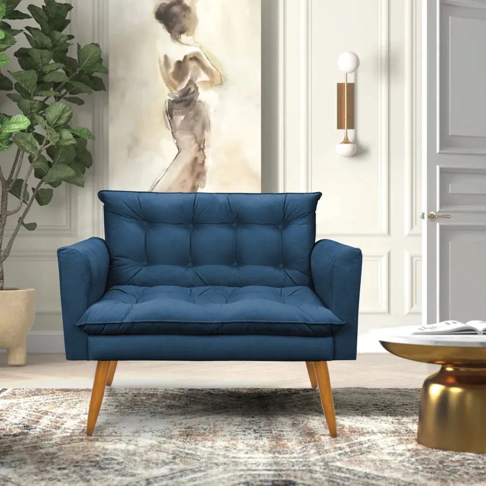 Kit 1 Sofá Namoradeira e 2 Poltronas Tais Suede Azul Marinho Pés Palito Castanho - D'Rossi