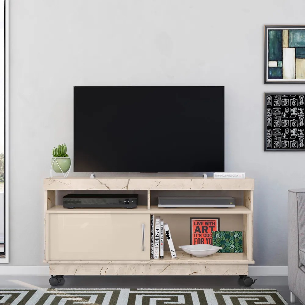 Rack TV 50 Pol 121cm Bancada com Rodízio Sala Zorin Calacata/Off White M20 - D'Rossi