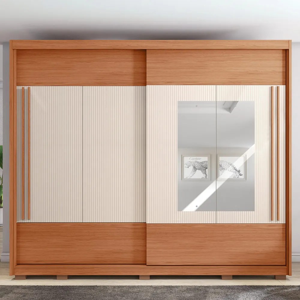 Guarda Roupa Casal Polônia Ripado 2 Portas de Correr com Espelho 6 Gavetas Ripado MDF Freijo/OffWhite/Sued G11 - Gran Belo