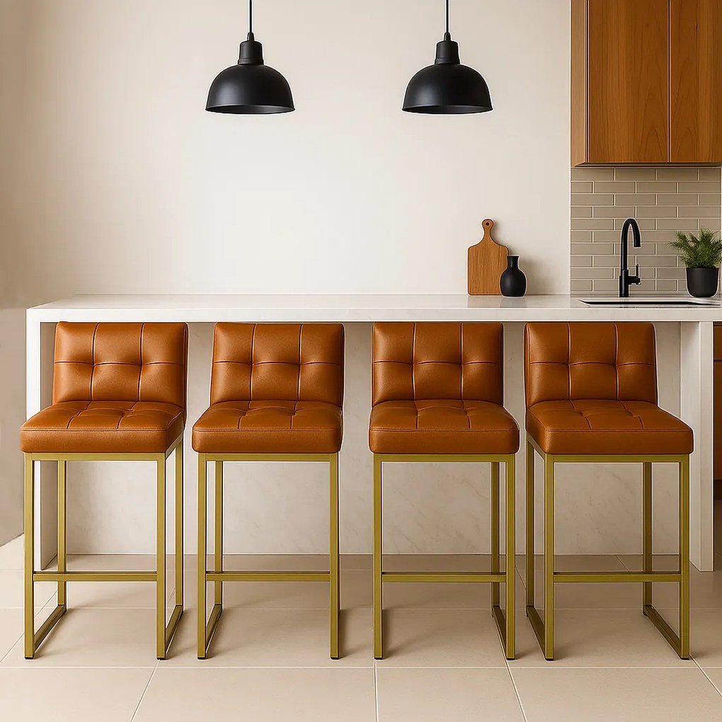 Banqueta Cozinha Alta com Encosto Industrial Kit 4 Dourado Lirina PU Whisky C05 - D'Rossi