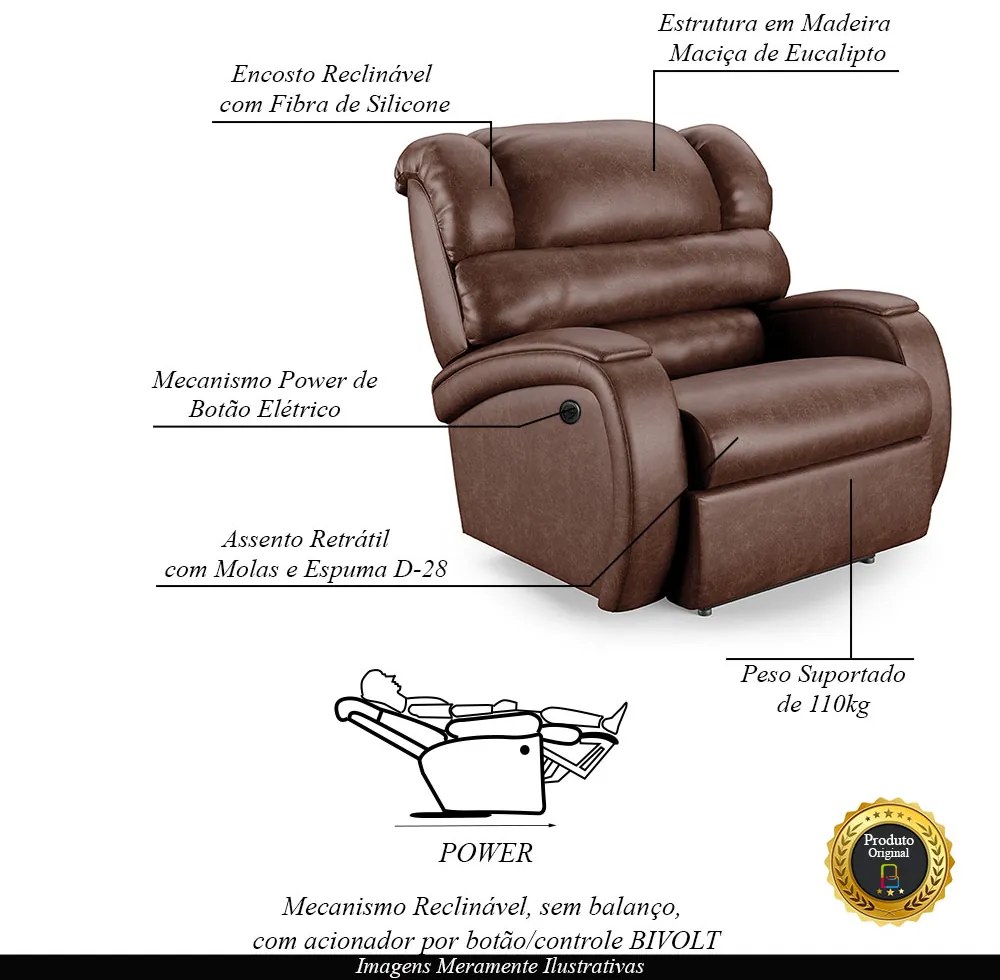 Poltrona do Papai Sala de Cinema Reclinável Kylie Power Elétrica PU Marrom Brilho G23
