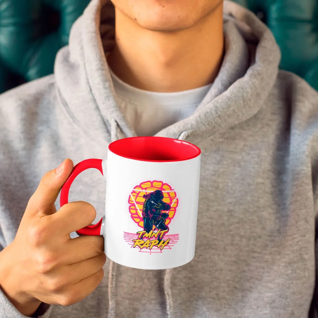 Caneca Tartarugas Ninjas Raphael Geek Nerd Branca com Alça Vermelho