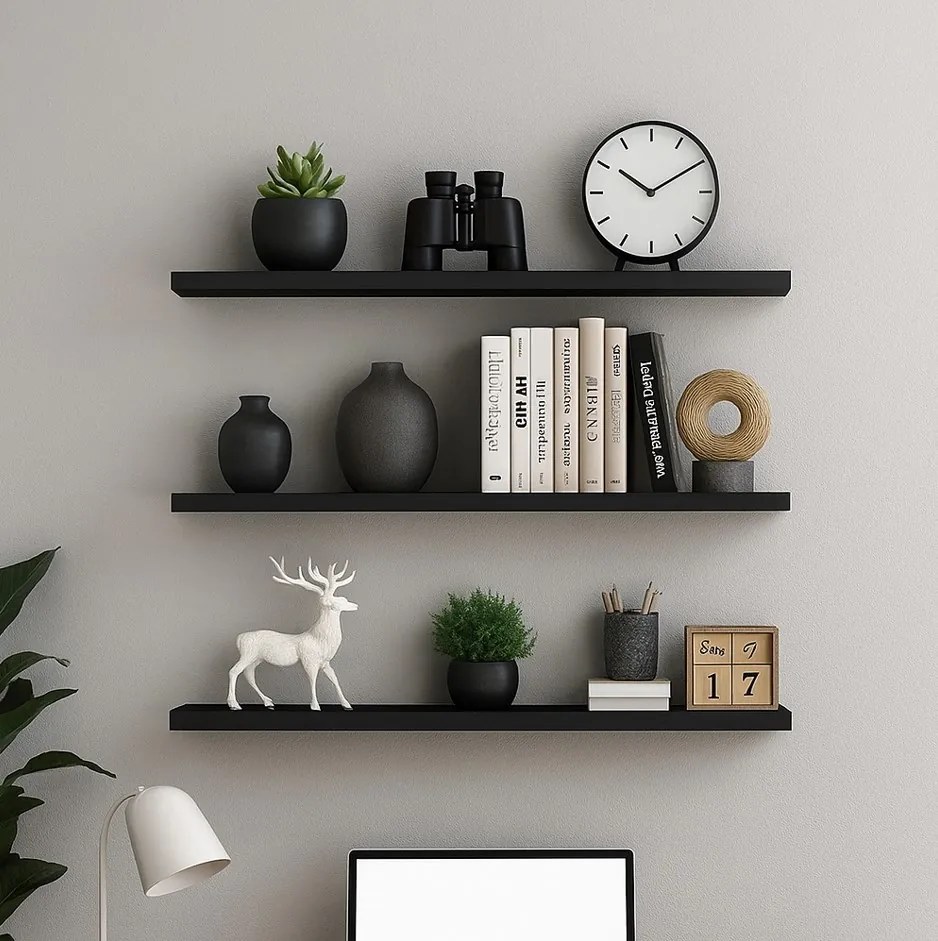 Prateleira Madeira Flutuante Multiuso Kit 3 91x20 Luara L06 - D'Rossi - Preto