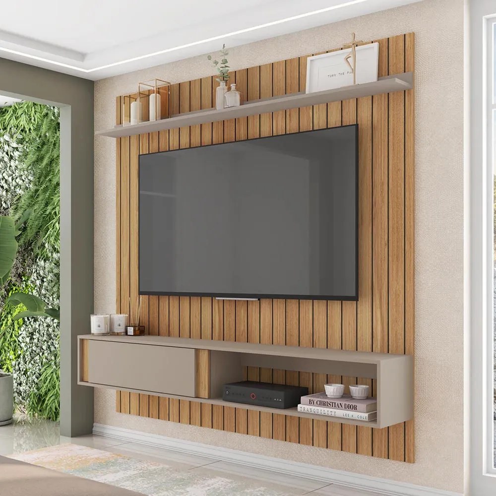 Painel TV 75 Pol 180cm Bancada Suspensa Ripado Eluni C01 - D'Rossi - Buriti/Cinza