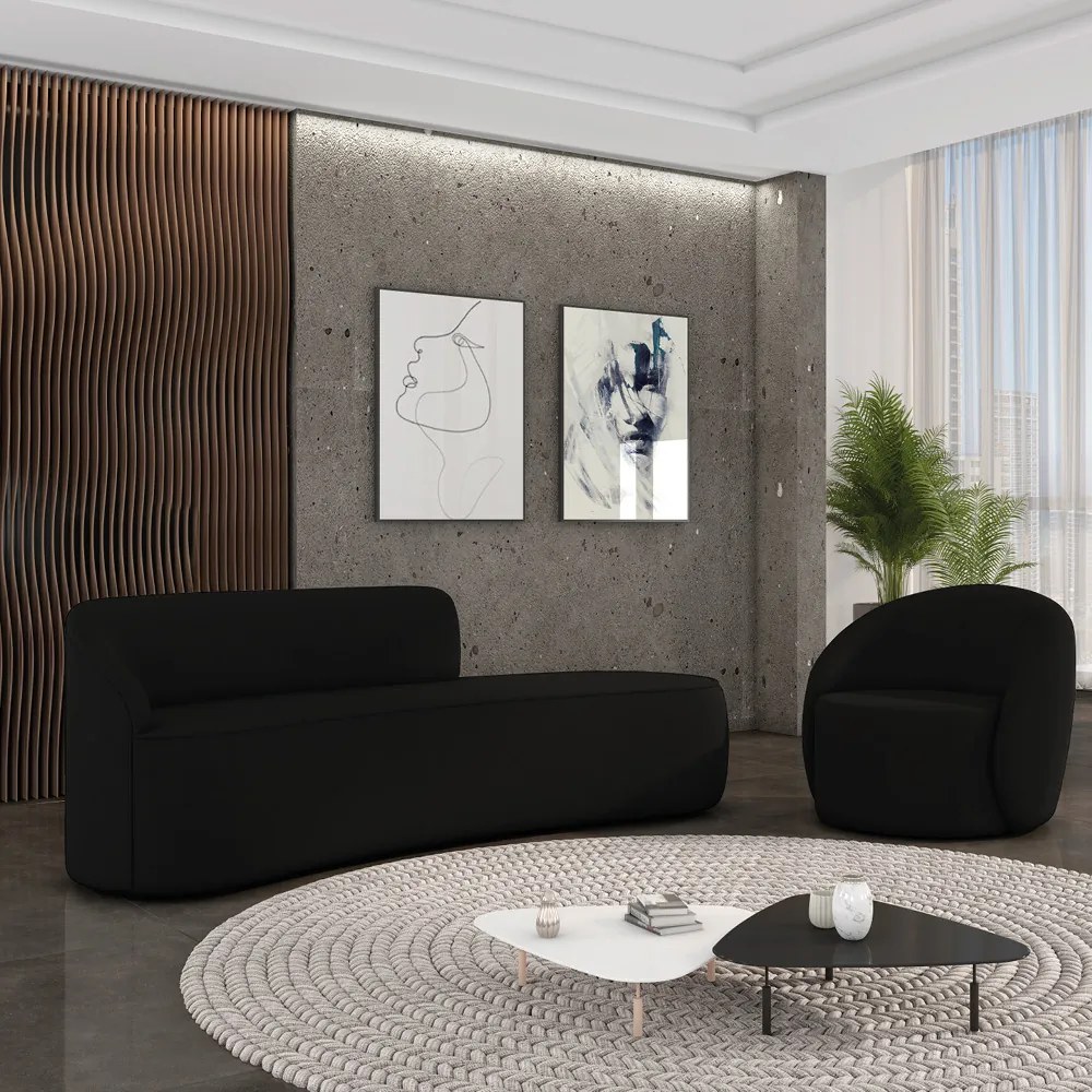 Sofá 4 Lugares Orgânico 220cm Morgan e Poltrona Lua Suede D03 - D'Rossi - Preto